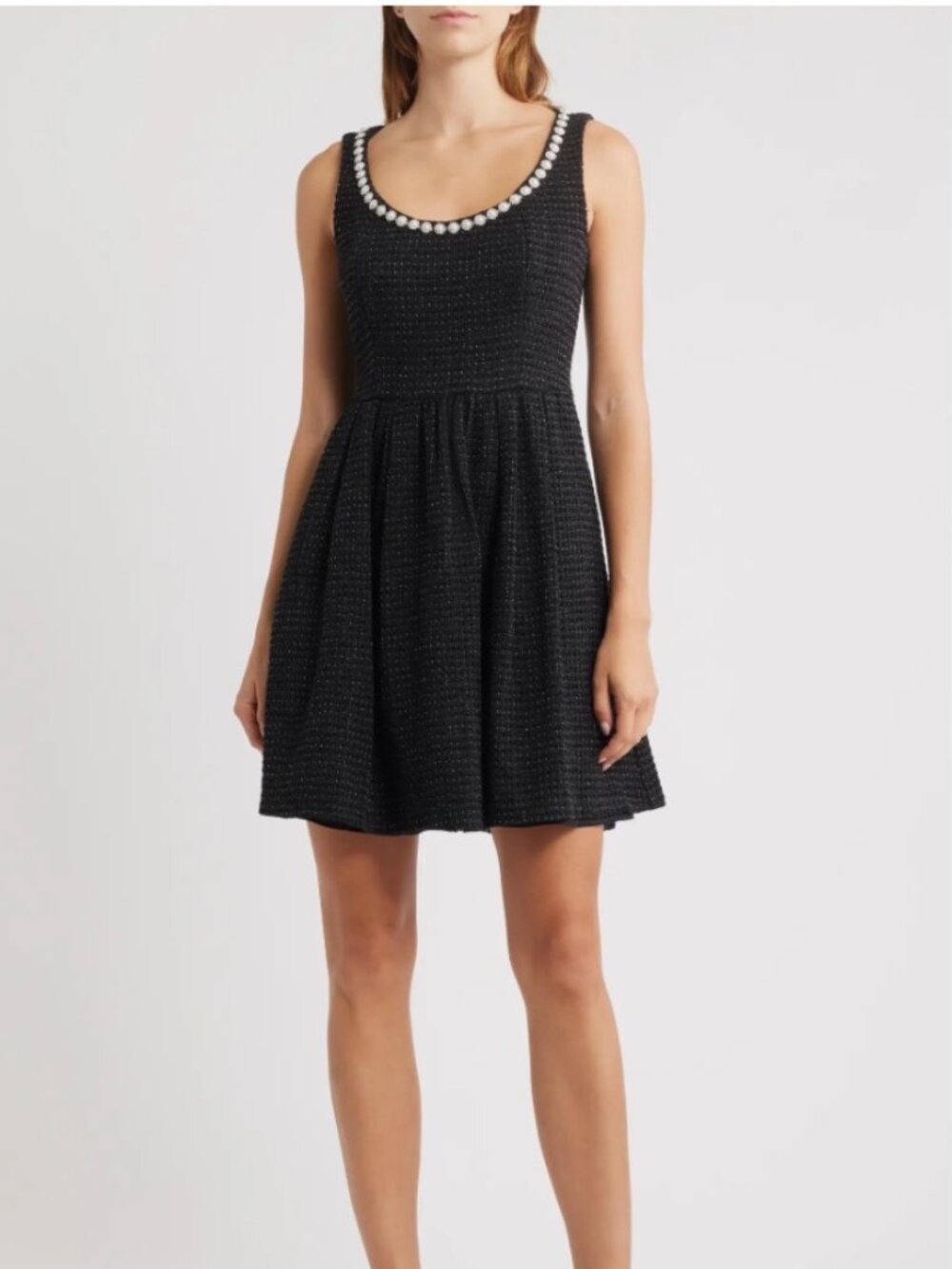 NWT Eliza J Faux Pearl & Crystal Detail Sleevless Metallic Tweed Dress. Size 12